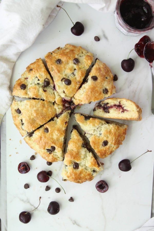Chocolate Chip Scones filled with Cherry Jam