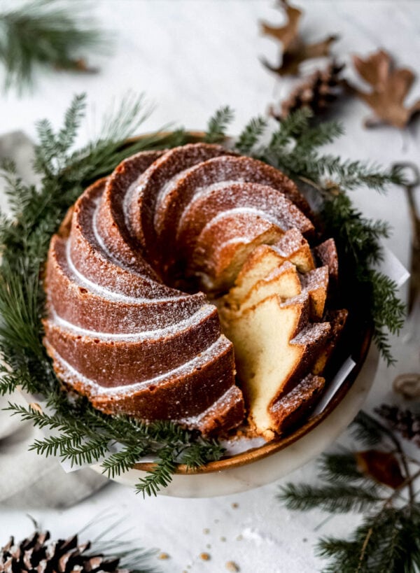 cream cheese pound cake with almond vanilla glaze
